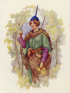 No hubo en toda la Tierra Media una esposa tan justa y cariñosa como la doncella Marian para Robin Hood (litografía en color) de Harry George Theaker