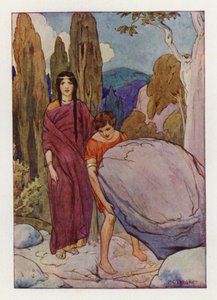 Teseo levantando la gran roca, bajo la cual yacían la espada y las sandalias (litografía en color) de Harry George Theaker