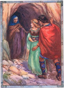 Llegaron a una cueva junto al mar (de Diarmud y Grania) (litografía en color) de Harry George Theaker