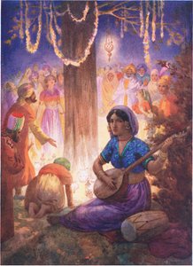 Venían con guirnaldas, lámparas y música. De la Columna de los Reyes, ilustración de "Cuentos infantiles de leyendas indias", años 30 (litografía en color). de Harry George Theaker