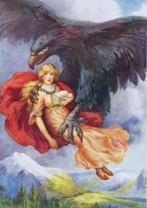 Thiassi e Iduna", de "Las manzanas de Iduna", ilustrado en "Cuentos infantiles de las leyendas del Norte", publicado por Raphael Tuck (litografía en color).