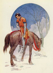 Así, Guy se alejó, mirando hacia ellos, con los pies fuertemente atados bajo el caballo (litografía en color) de Harry George Theaker