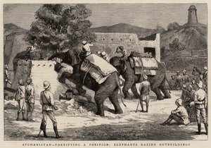 Afganistán, fortificando una posición, elefantes derribando edificios anexos de Harry Hamilton Johnston