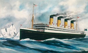 El transatlántico "Titanic" (1912) en marcha en el Atlántico Norte, pasando entre icebergs.