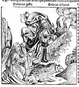 Elías asciende en un carro de fuego, dejando su herencia a Eliseo. Hartmann Schedel: Crónica de Núremberg. Núremberg 1497 de Hartmann Schedel