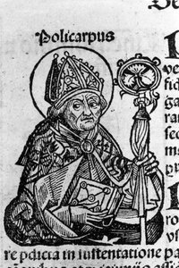 Retrato de San Policarpo de Esmirna (ca. 69-155), obispo. Grabado de las Crónicas de Núremberg por Schedel Hartmann (1440-1514)