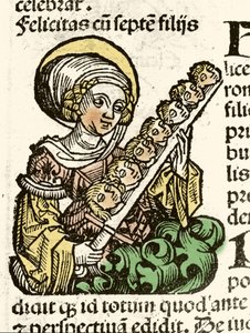Representación de Santa Felicidad, martirio en Roma con las cabezas de sus siete hijos. xilografía de Hartmann Schedel “Crónicas de Núremberg” 1493. de Hartmann Schedel