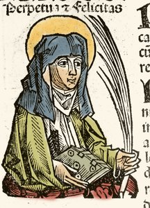 Representación de Santa Perpetua, martirio en Cartago. xilografía de Hartmann Schedel “Crónicas de Núremberg” 1493.