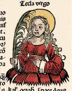 Representación de la Virgen y el Martirio de Tecla de Iconio (Santa Tecla) xilografía de “Crónicas de Núremberg” de Hartmann Schedel