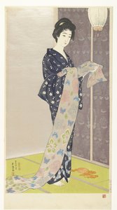 Mujer joven en un kimono de verano Natsu yosoi no musume (título sobre objeto) de Hashiguchi Goyô