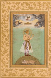 El emperador Shah Jahan de pie sobre un globo terráqueo