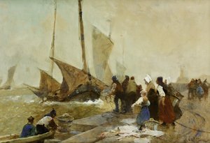 Un muelle ocupado en Bretaña con barcos de pesca regresando de Hector Caffieri