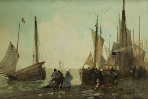 Descargando barcos de pesca en el muelle, Bretaña de Hector Caffieri