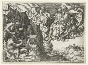 El rico en el infierno ve a Abraham con Lázaro Parábola de Lázaro y el hombre rico (título de la serie) de Heinrich Aldegrever