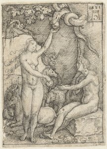 Eva le entrega a Adán la manzana bajo el árbol con la serpiente
Dibujos para la serie de grabados El poder de la muerte (título de la serie) de Heinrich Aldegrever