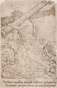Hércules cargando las columnas de Gades, de la serie:  Los Trabajos de Hércules (12) de Heinrich Aldegrever