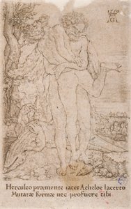 Hércules luchando contra el dios-río Aqueloo, de la serie:  Los Trabajos de Hércules (7) de Heinrich Aldegrever