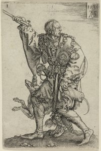 Maestro de ceremonias con un perro, placa uno de los Grandes Bailarines de Boda de Heinrich Aldegrever