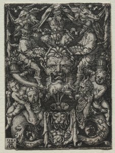Diseño de ornamento con una máscara, un par de tritones y dos niños abajo de Heinrich Aldegrever