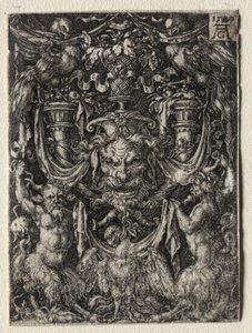 Diseño de ornamento con una máscara y un águila entre dos faunos abajo, 1509 de Heinrich Aldegrever