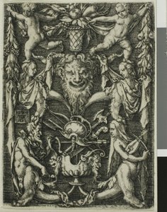 Diseño ornamental con un par de sátiros, niños y un trofeo de Heinrich Aldegrever
