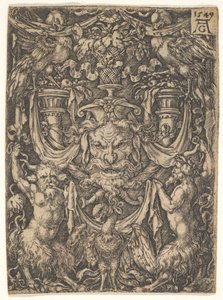 Diseño ornamental con una máscara y un águila entre dos faunos abajo de Heinrich Aldegrever