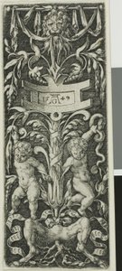 Panel de adorno con dos muchachos desnudos sobre las piernas de un sátiro de Heinrich Aldegrever