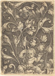 Ornamento de pergamino con niño sentado