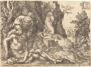 El Buen Samaritano atendiendo al viajero de Heinrich Aldegrever