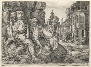 La parábola del buen samaritano: El buen samaritano poniendo al viajero en su burro, 1554 de Heinrich Aldegrever