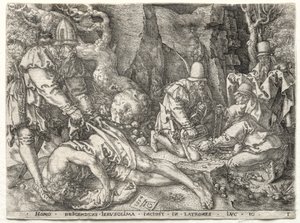 La parábola del buen samaritano: Los ladrones atacando a los viajeros de Heinrich Aldegrever