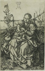 La Virgen y el Niño sentados en un banco de hierba de Heinrich Aldegrever