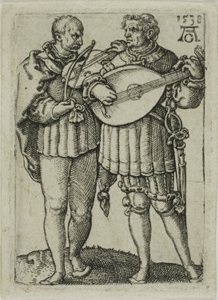 Dos músicos tocando el violín y el laúd, placa uno de los Pequeños bailarines de boda
