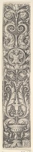 Panel vertical con un candelabro que contiene un medallón con un centauro y un par de delfines de Heinrich Aldegrever