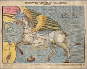 Ca. Mapa pictórico de Heinrich Bünting de 1581, que representa Asia como Pegaso