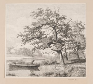 Paisaje con robles junto a un lago, donde se ve a un anciano en un bote de Heinrich Buntzen
