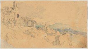 Paisaje de montaña con cabaña y ruinas.
