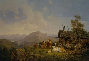 Paisaje en el Oberbayen con pastores y su ganado descansando junto a una cabaña