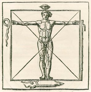 Hombre en un cuadrado rodeado de símbolos del ojo, serpiente, bastón de siete secciones y escudo. Grabado de Heinrich Cornelius Agrippa von Nettesheim (1486-1535) De occulta philosophia libri tres