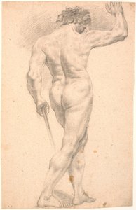 Modelo masculino de pie, visto desde la espalda, con la mano derecha levantada de Heinrich Dittmers