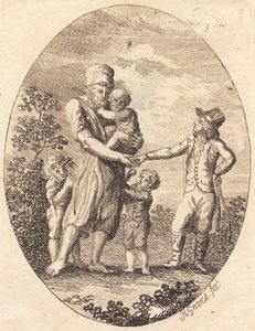 Un caballero da una moneda a un hombre con dos niños de Heinrich Grosch