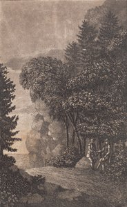 Paisaje con rocas y grandes árboles, a la derecha dos hombres de Heinrich Grosch