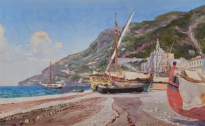 Amalfi, barcos de pesca en la playa / Acuarela de H.Hermanns de Heinrich Hermanns