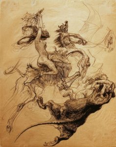 Mujer desnuda montando un esqueleto y diablo en un pterodáctilo