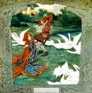 La princesa - ahora una pastora de gansos - encanta al viento para que sople el sombrero de Conrad, el pastor de gansos de Heinrich Lefler