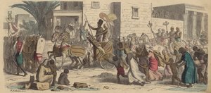 Un faraón egipcio antiguo partiendo a la guerra (grabado coloreado) de Heinrich Leutemann