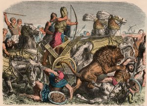 Antiguo Egipto: Faraón Ramsés II luchando contra los leones de guerra del ejército hitita en Qadesh, 1274 a.C., 1866 de Heinrich Leutemann