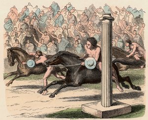 Grecia Antigua: Deporte: Montar y desmontar de un caballo a velocidad de Heinrich Leutemann