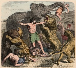Roma antigua: Criminales siendo atacados por animales salvajes, 1866 de Heinrich Leutemann