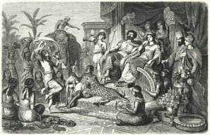 Escena de la corte de uno de los reinos helenísticos en los que se dividió el imperio de Alejandro Magno tras su muerte (grabado) de Heinrich Leutemann